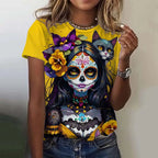 Fashion Women's T-shirt for Girls Short Sleeve Day of the Dead Undead Skull
