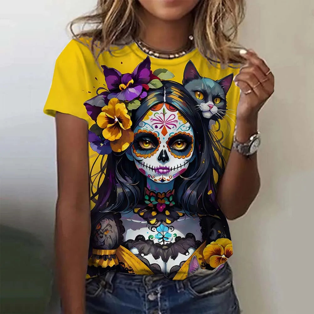 Fashion Women's T-shirt for Girls Short Sleeve Day of the Dead Undead Skull