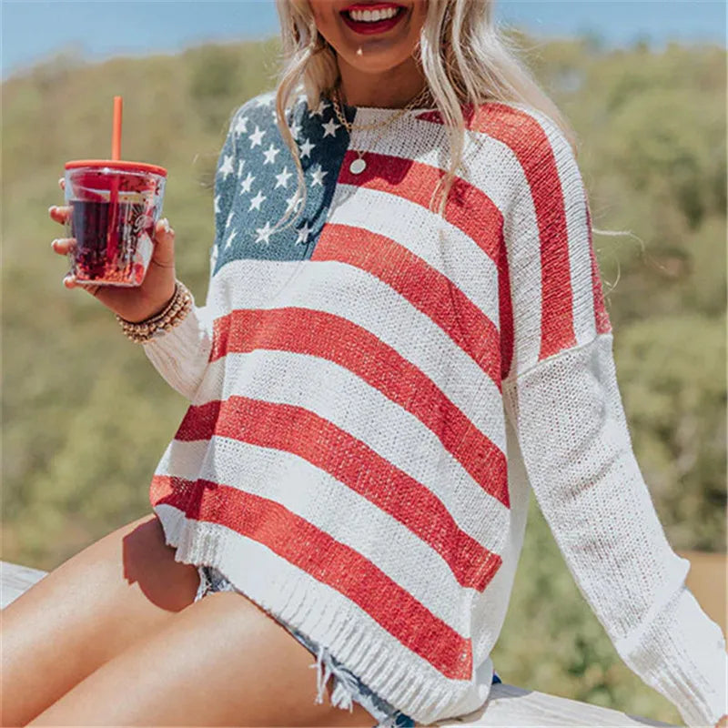Women USA Flag Print Knit Sweater