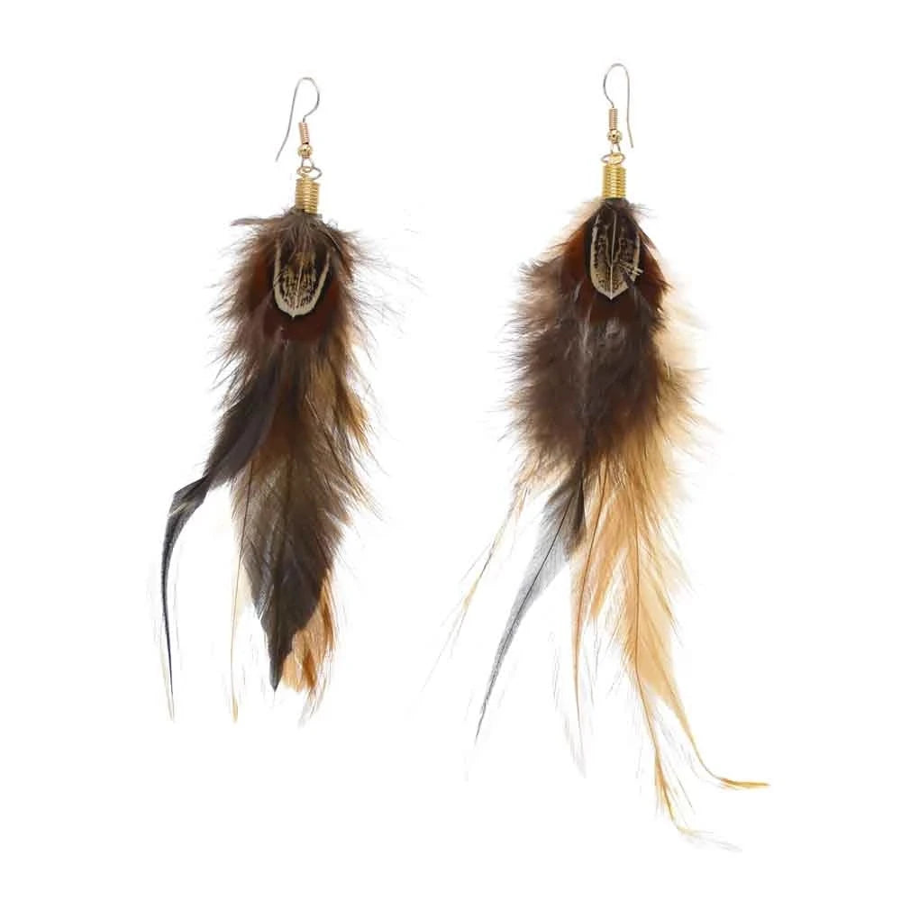 Brown Blue Feather Tassel Earrings