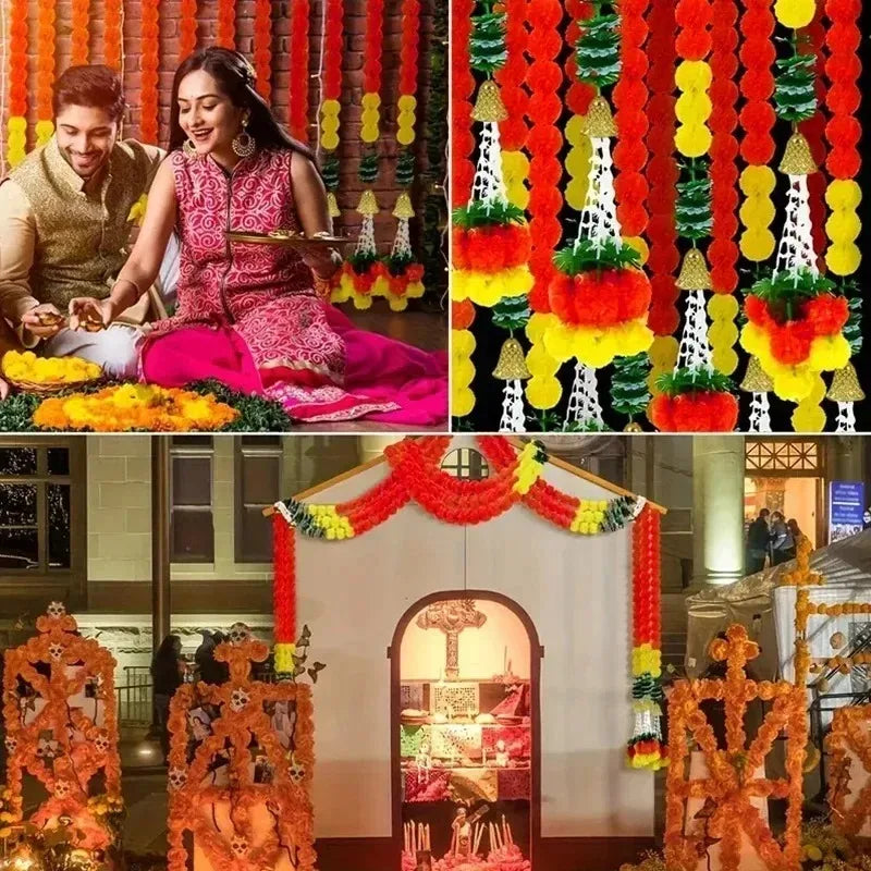 Artificial Marigold Flower Wreath for Diwali, and Mexican Day of The Dead Party Decoration