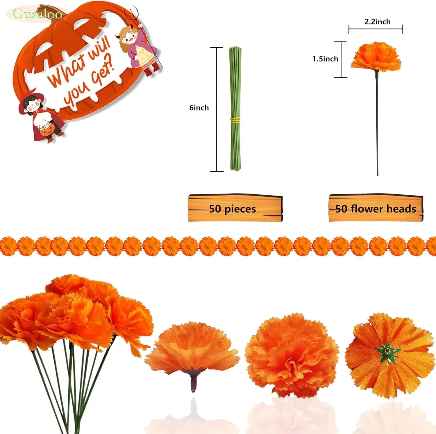 50Pcs Marigold Artificial Flowers for Day of The Dead, Diwali & Halloween Decor