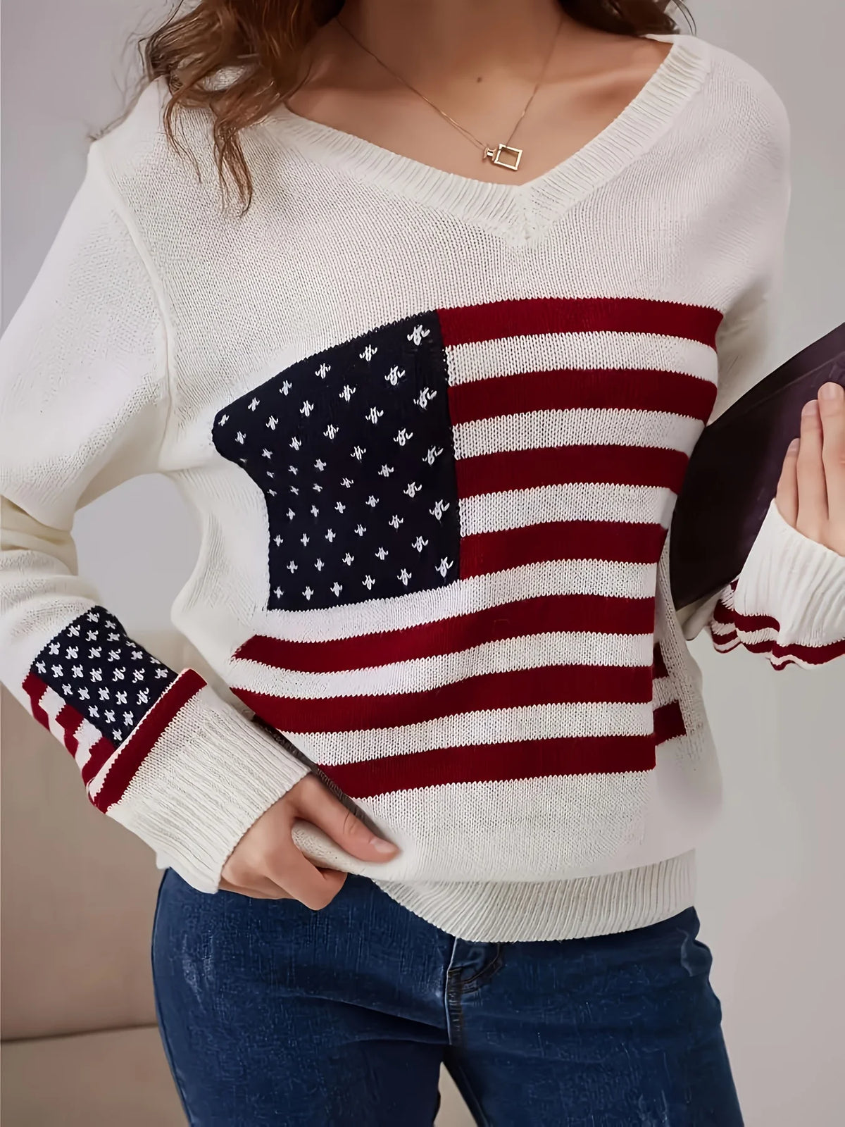 Women's American Flag V Neck Knit Sweater