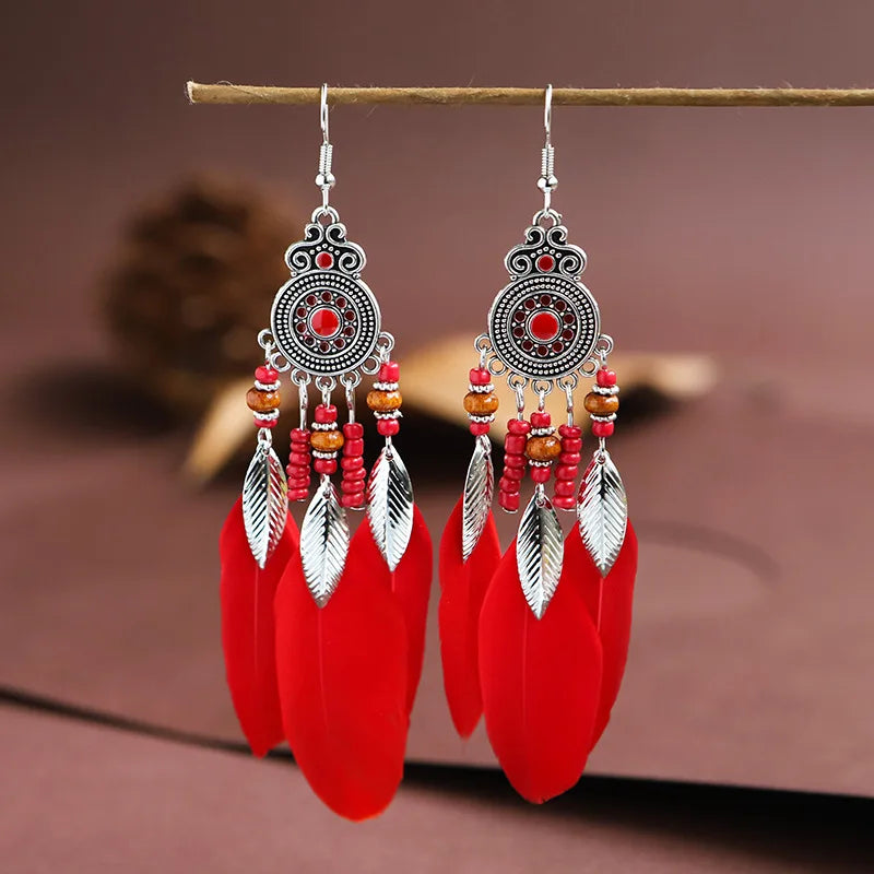 Ethnic Long Tassels Feather Drop Earrings