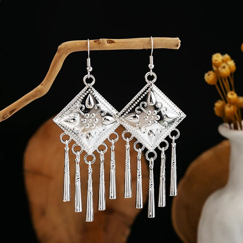 Ethnic Silver Color Long Leaf Dangle Earrings