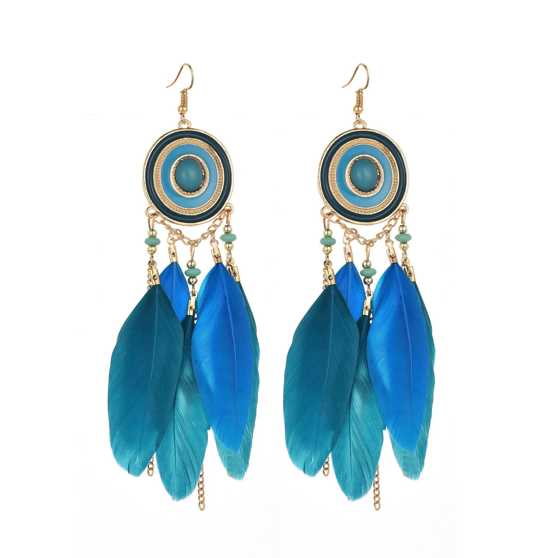 TopHanqi Bohemian Hollow Dream Catcher Leaf Feather Earrings
