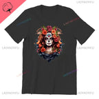 Skull T-Shirt La Catrina Girl with Purple Roses Dia De Los Muertos Day of The Dead