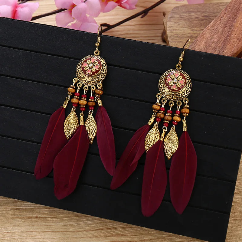 Native Vintage Jewelry Feather Tassel Long Earrings