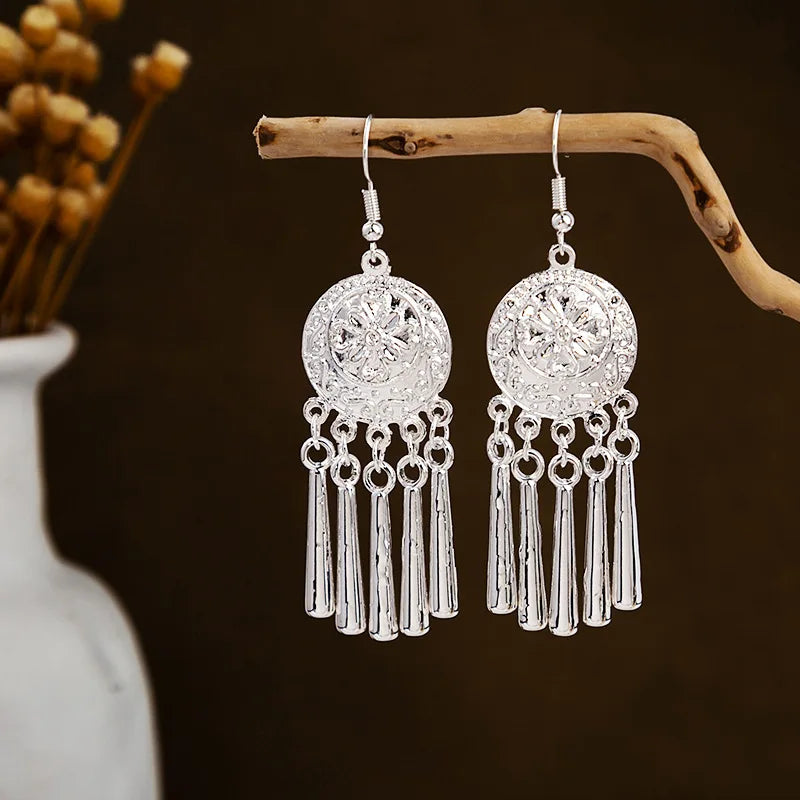 Ethnic Silver Color Long Leaf Dangle Earrings