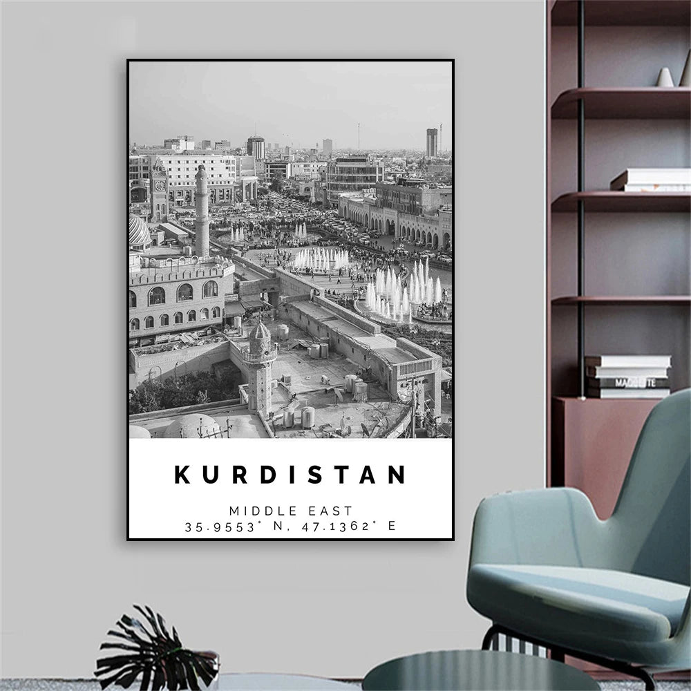 Kurdistan Travel Poster Black and White Vintage Wall Art