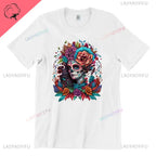 Skull T-Shirt La Catrina Girl with Purple Roses Dia De Los Muertos Day of The Dead