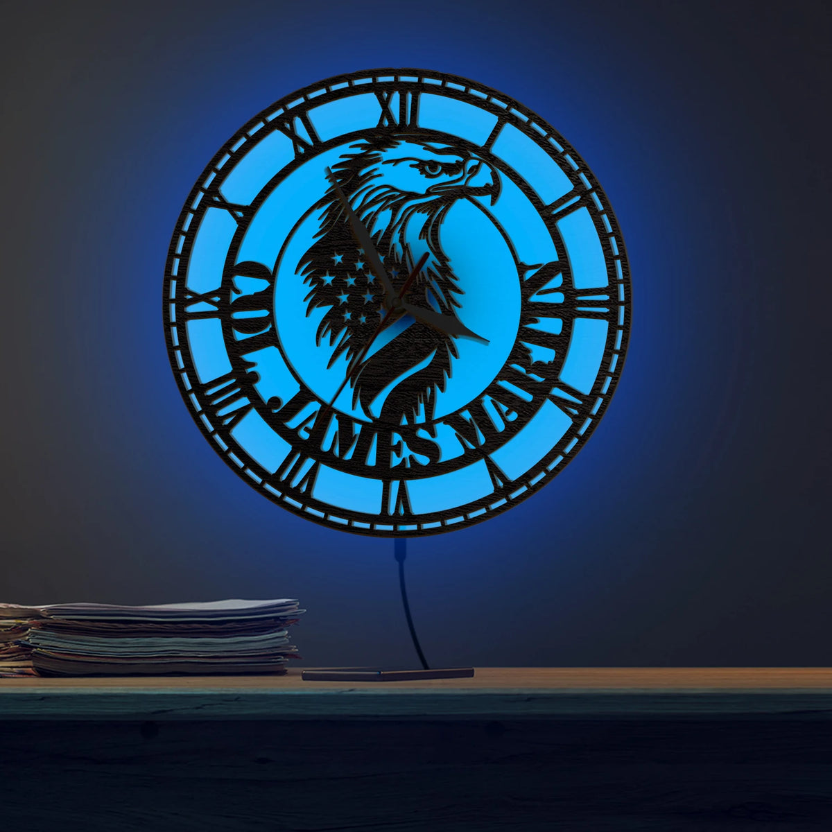 USA Flag American Eagle Wooden Wall Clock with LED Backlight