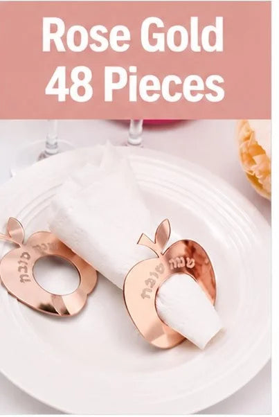 12/48PCS Mirror Acrylic Apple Napkin Rings with Hebrew Letters