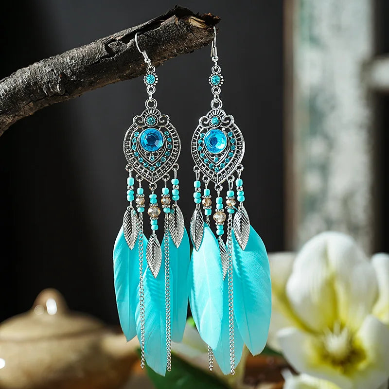 Feather Long Leaf Tassel Drop Earrings