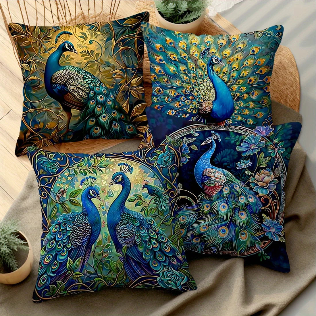 Vintage Oil Painting Peacock Throw Pillow Sofa Cover