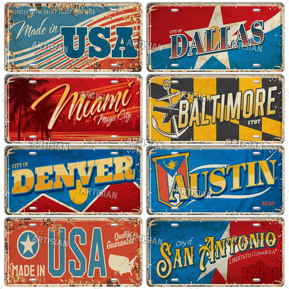 USA License Plate Landmark Metal Sign