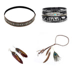 4Piece Jewelry: Woven Choker, Braided Bracelet, Feather Hairpin, Tassel Earrings - Tribal Boho
