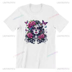 Skull T-Shirt La Catrina Girl with Purple Roses Dia De Los Muertos Day of The Dead