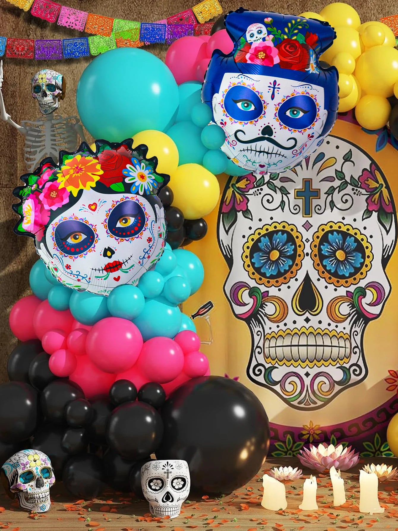 2pcs Bride and Groom Colorful Flower Skull Balloons Day of the Dead Decoration