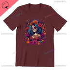 Skull T-Shirt La Catrina Girl with Purple Roses Dia De Los Muertos Day of The Dead
