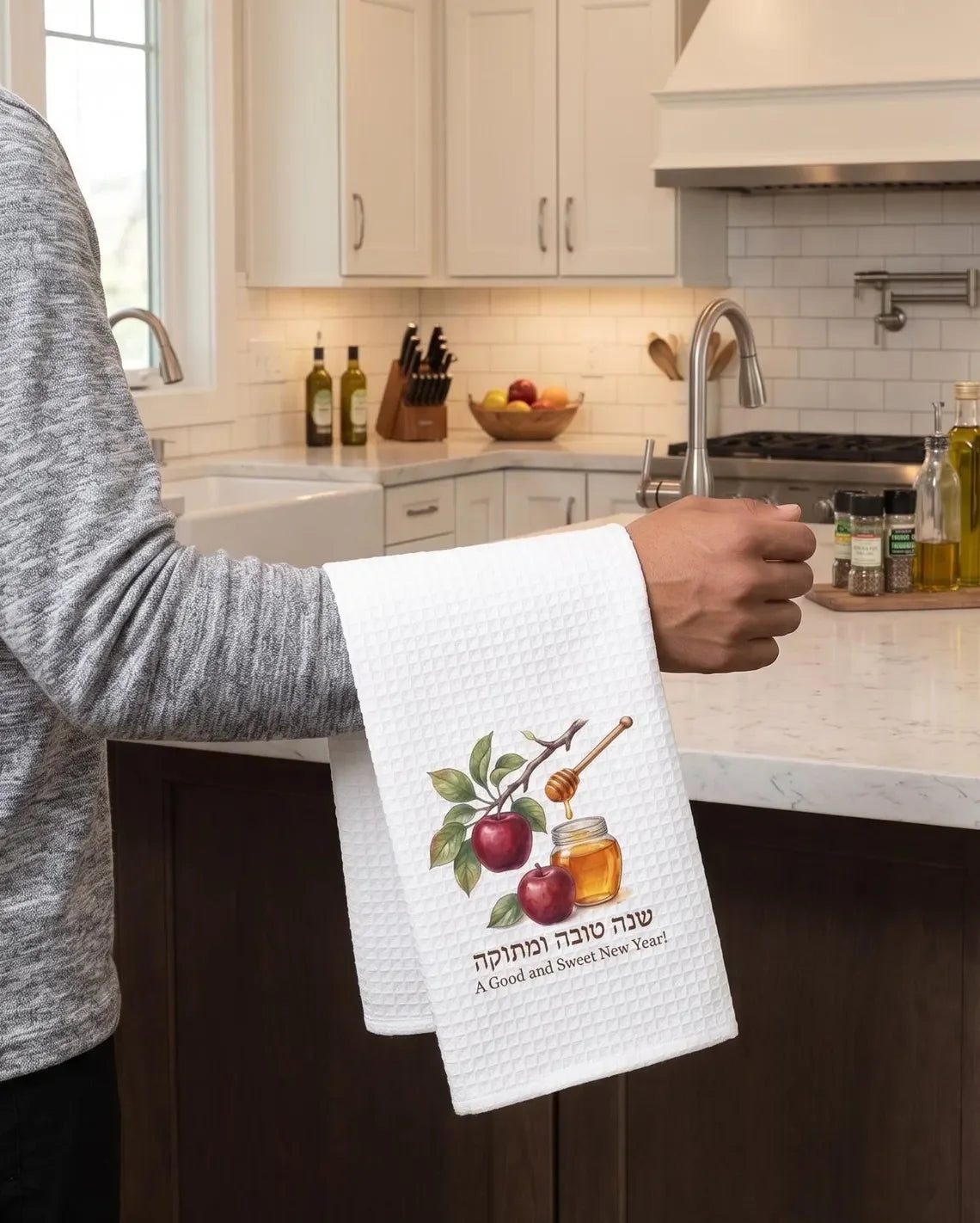 Apple Honey Print Rosh Hashanah Waffle Weave Kitchen Towel
