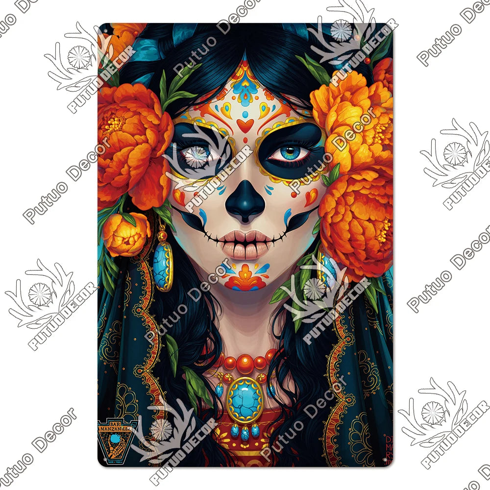 Putuo Decor Day of the Dead Tin Sign Vintage