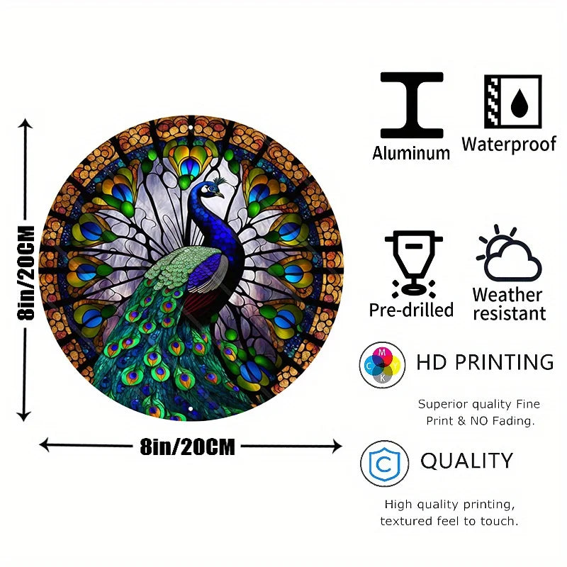 Aluminum Metal Sign Faux Stained Glass Peacock