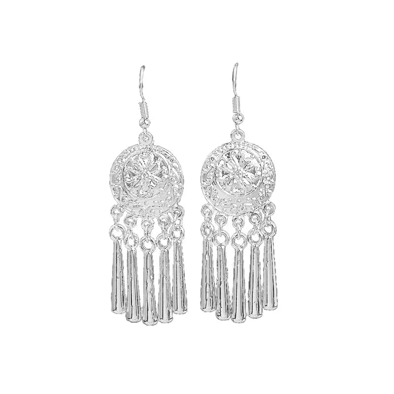 Ethnic Silver Color Long Leaf Dangle Earrings