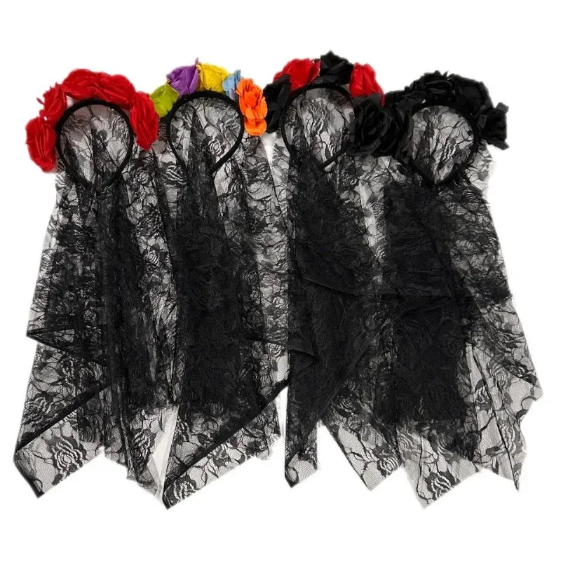 1PCS Black Veil Rose Flower Headband Day of The Dead Party