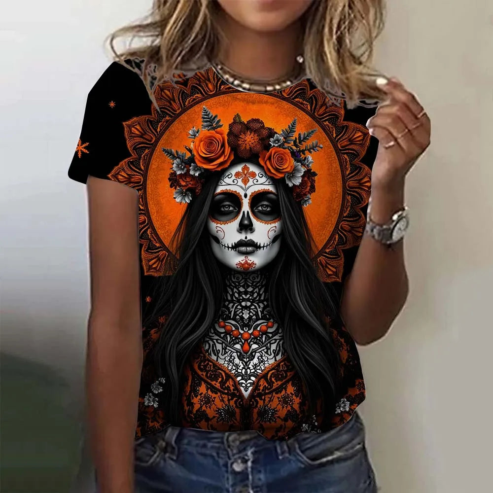 Women's T-shirt for Girls Short Sleeve Day of the Dead Undead Skull