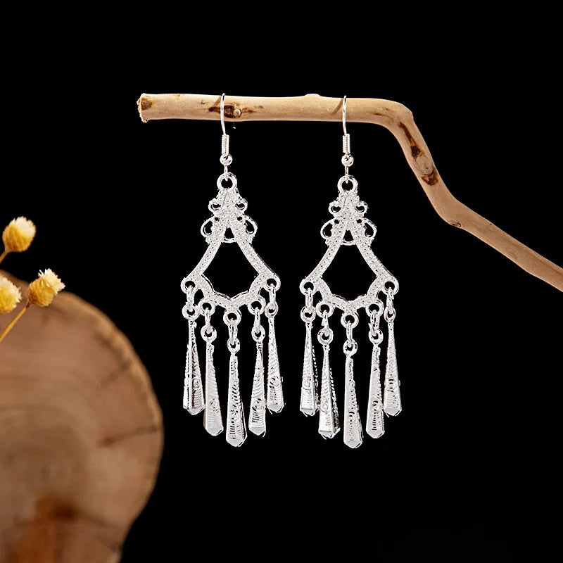 Ethnic Silver Color Long Leaf Dangle Earrings