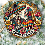 Dia de los Muertos Aluminum Wall Art, Eternal Affection Skeleton Couple Wreath