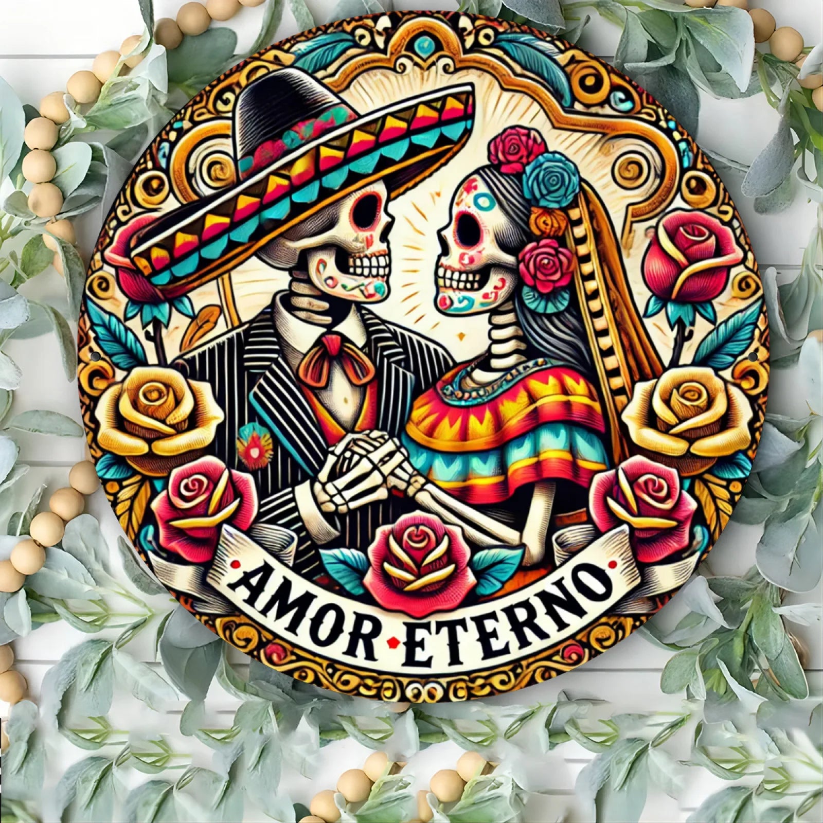 Dia de los Muertos Aluminum Wall Art, Eternal Affection Skeleton Couple Wreath