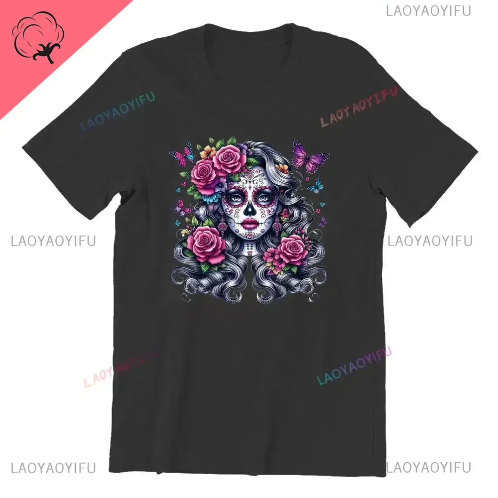 Skull T-Shirt La Catrina Girl with Purple Roses Dia De Los Muertos Day of The Dead