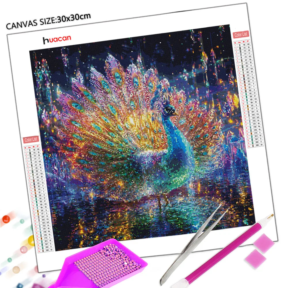 Huacan Peacock DIY Diamond Painting Animal Rain Diamond Mosaic New 2025 Complete Kit لوحات تزيينية