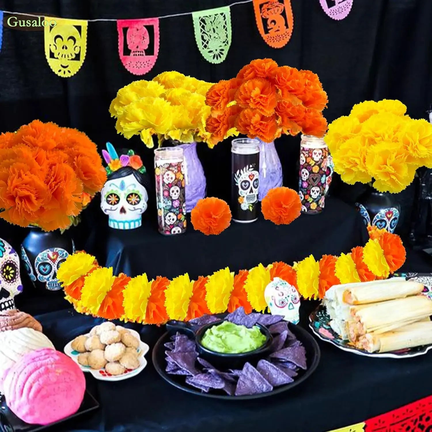 50Pcs Marigold Artificial Flowers for Day of The Dead, Diwali & Halloween Decor