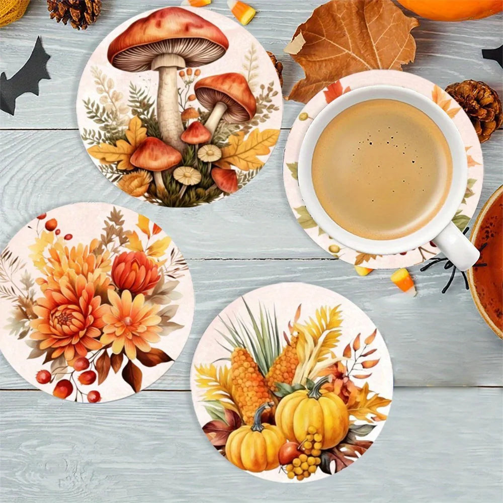 2D Fall Pumpkin Leaf Pattern Wooden Coaster