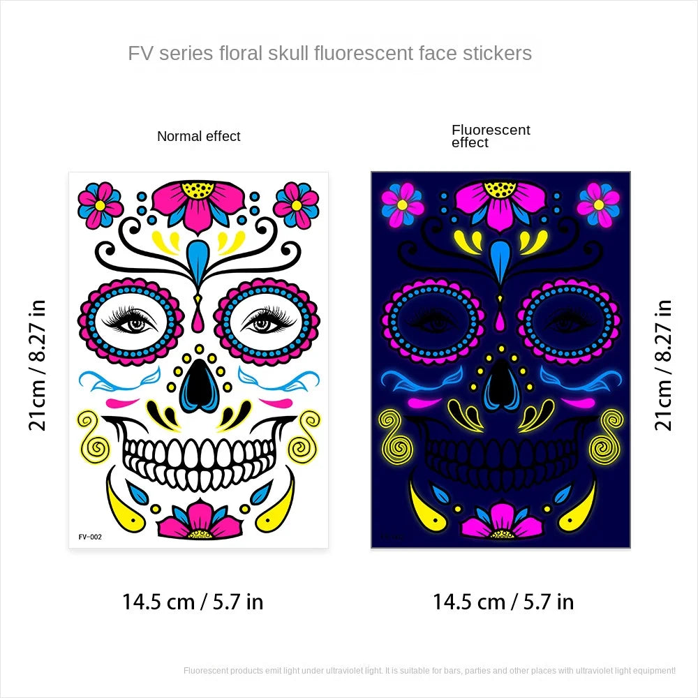 Waterproof Fluorescent Temporary Tattoo Stickers Day of the Dead