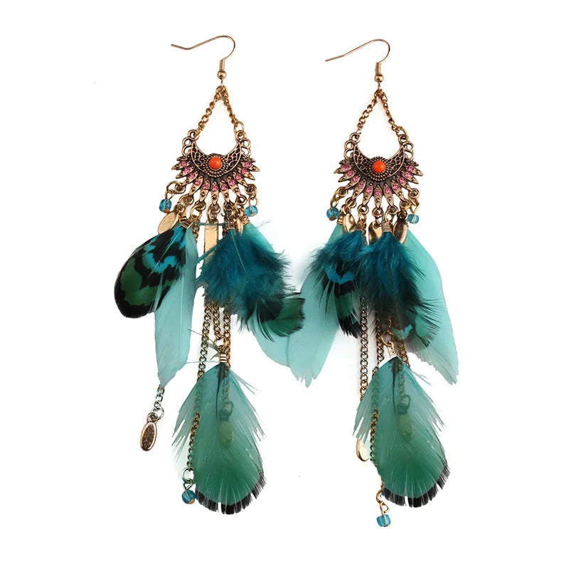 TopHanqi Bohemian Hollow Dream Catcher Leaf Feather Earrings