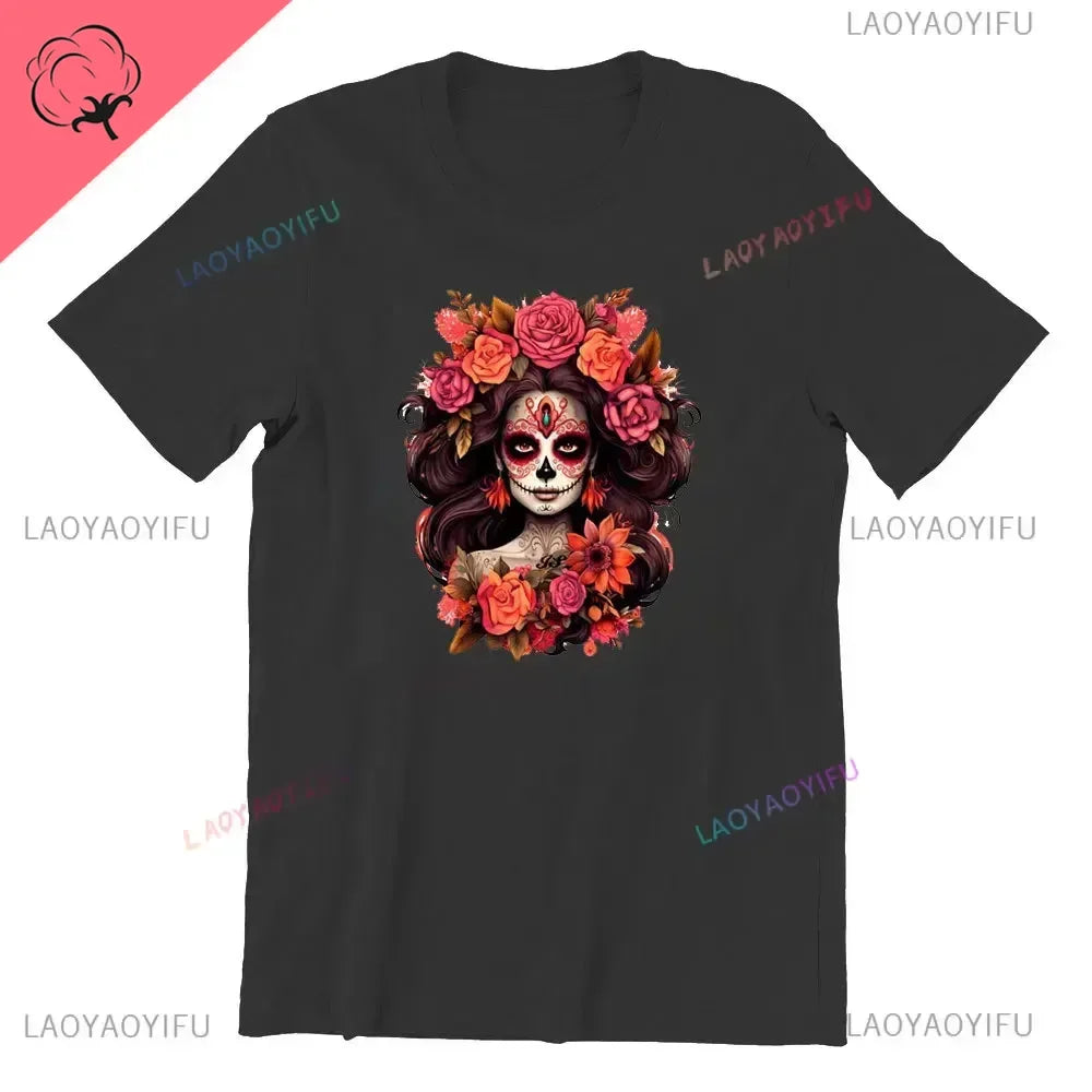 Skull T-Shirt La Catrina Girl with Purple Roses Dia De Los Muertos Day of The Dead