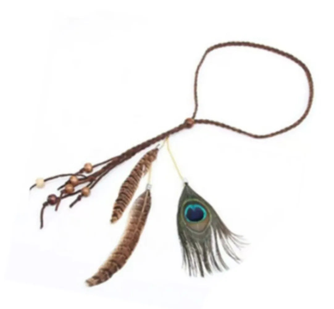 4Piece Jewelry: Woven Choker, Braided Bracelet, Feather Hairpin, Tassel Earrings - Tribal Boho
