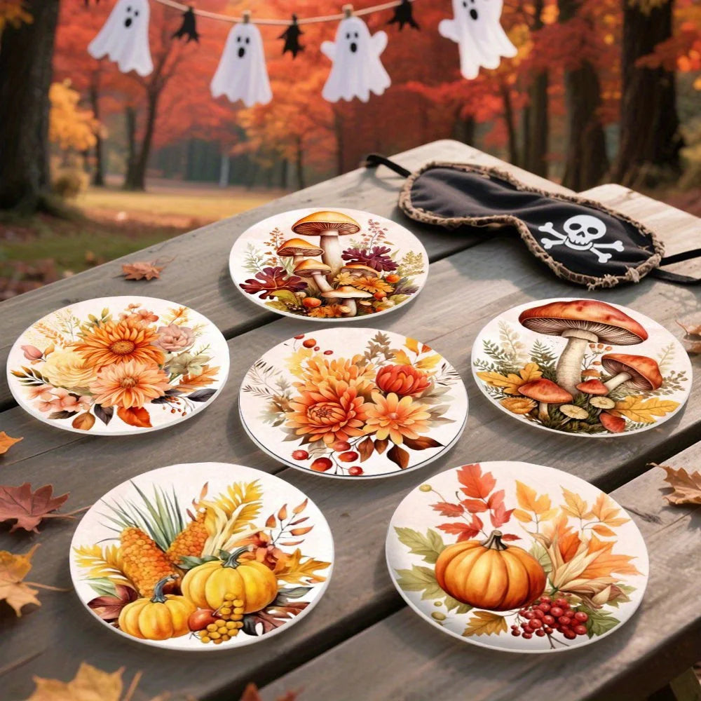 2D Fall Pumpkin Leaf Pattern Wooden Coaster