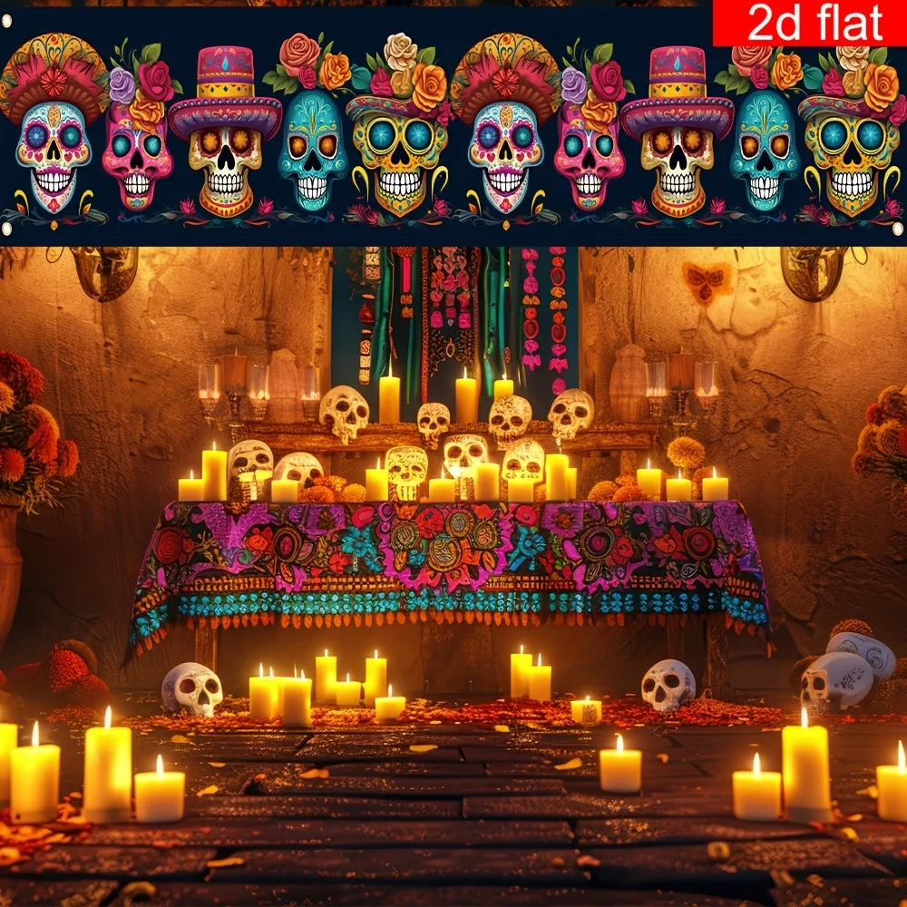 2D flat banner, 1 piece, Mexican Day of the Dead courtyard banner