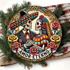 Dia de los Muertos Aluminum Wall Art, Eternal Affection Skeleton Couple Wreath