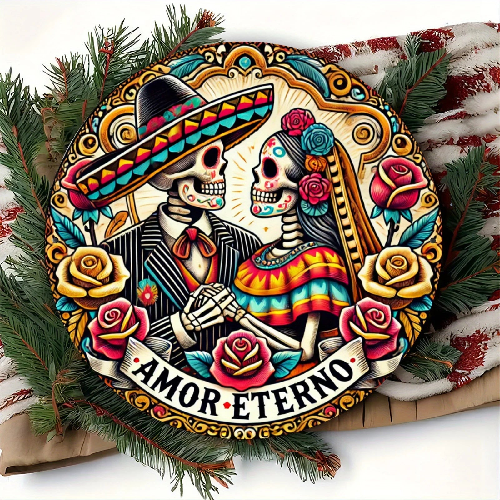 Dia de los Muertos Aluminum Wall Art, Eternal Affection Skeleton Couple Wreath