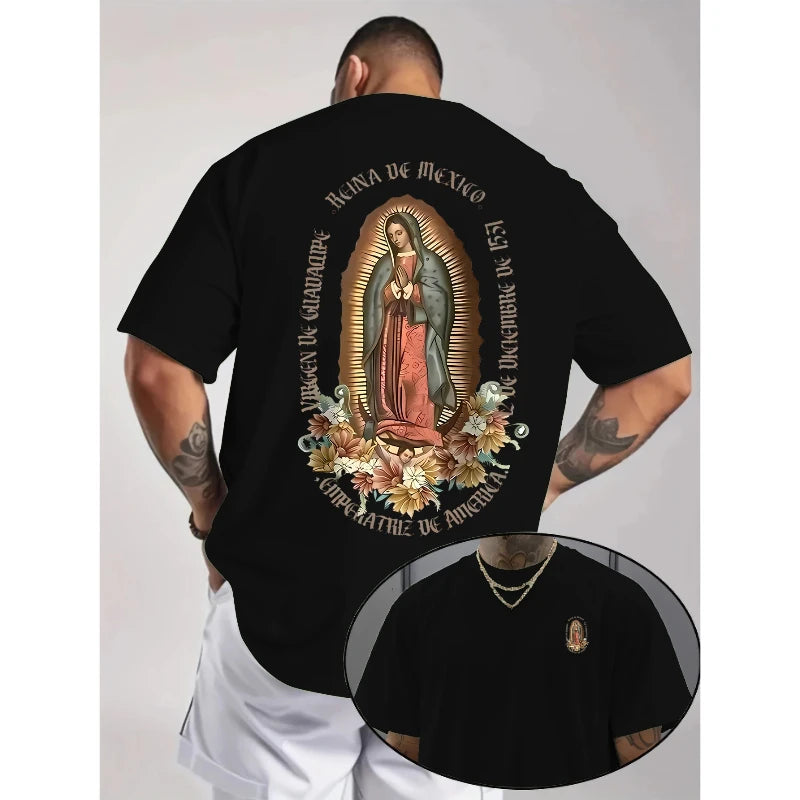 Virgen De Guadalupe Graphic Short Sleeve Religious Virgin Mary Cotton T-Shirt