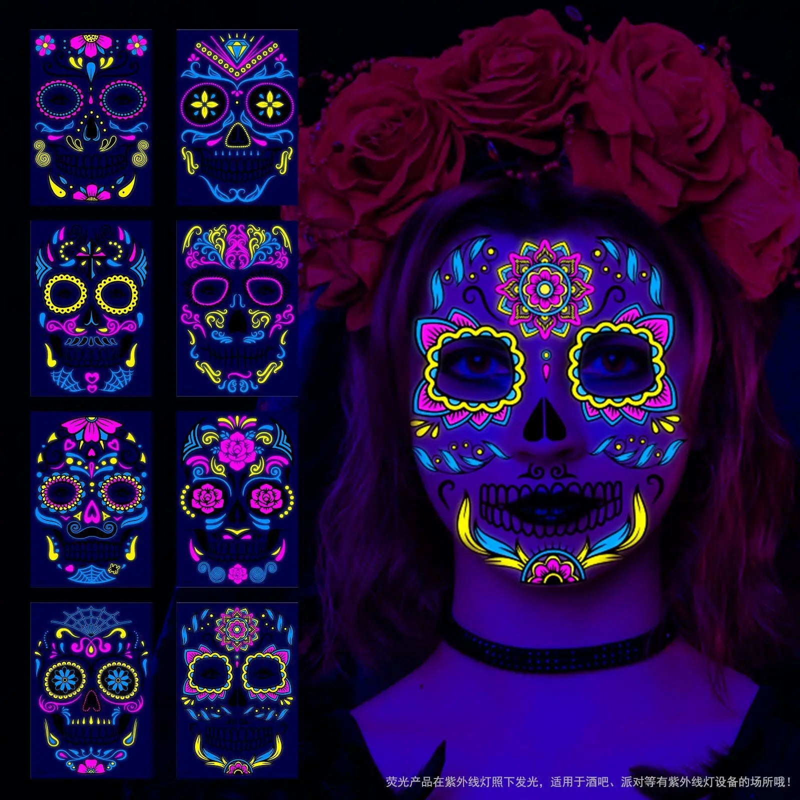Waterproof Fluorescent Temporary Tattoo Stickers Day of the Dead