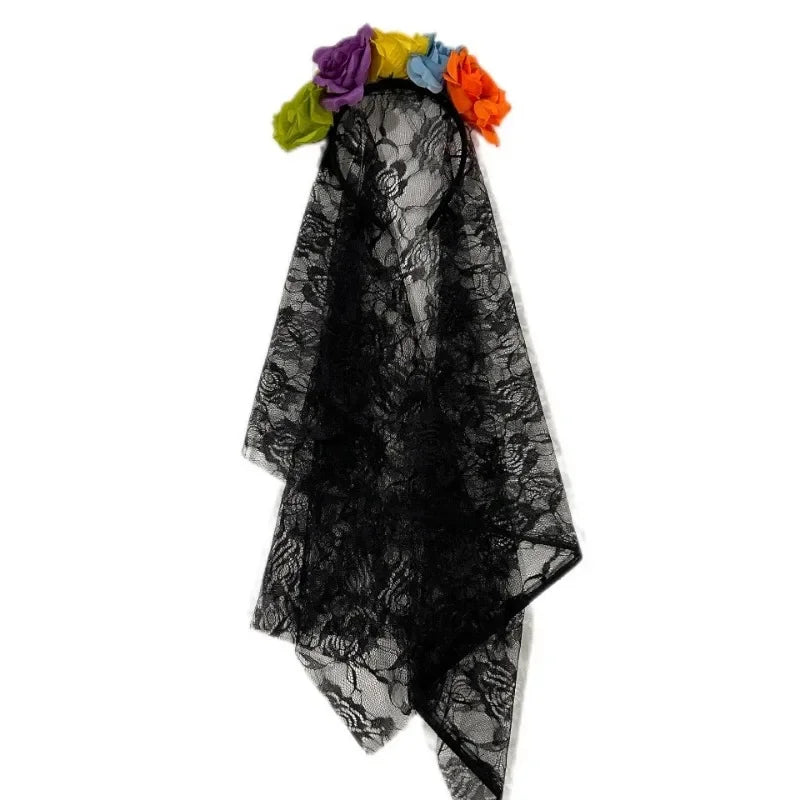 1PCS Black Veil Rose Flower Headband Day of The Dead Party