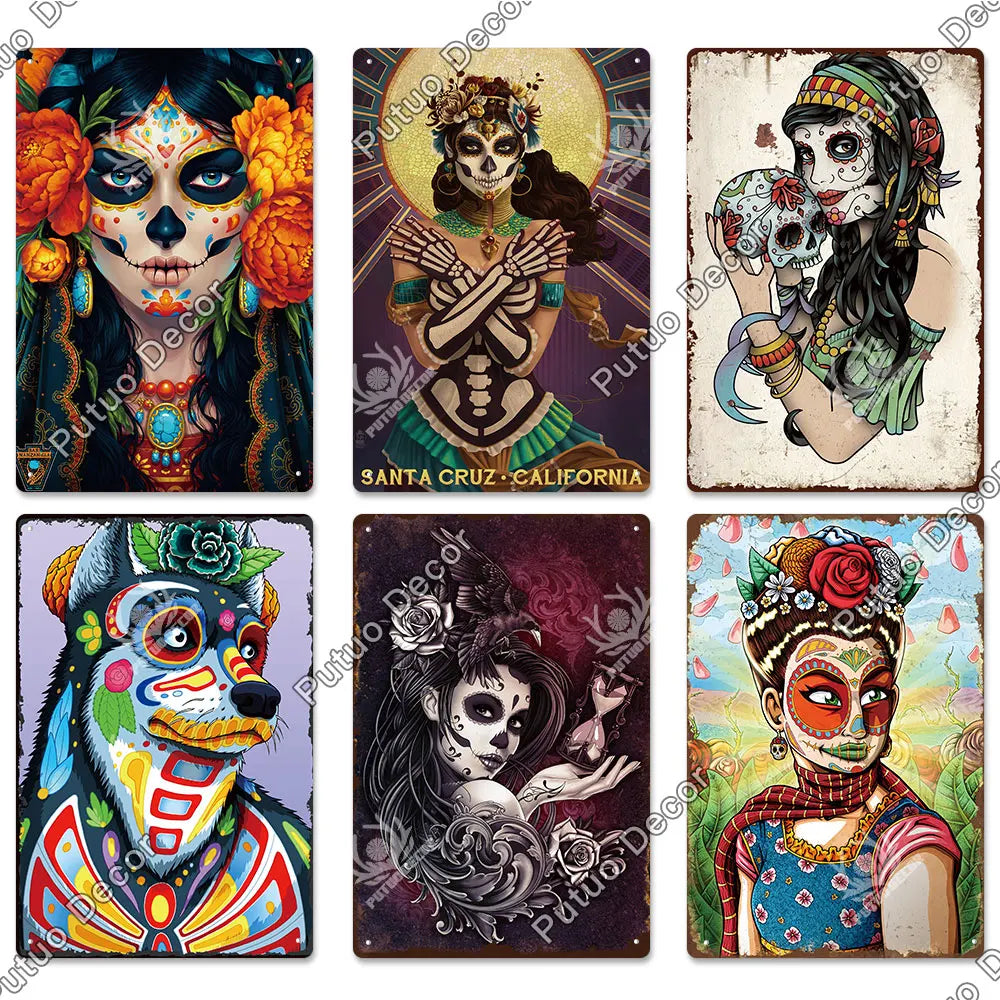 Putuo Decor Day of the Dead Tin Sign Vintage