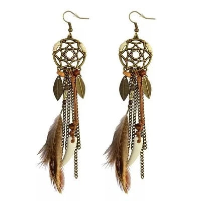 TopHanqi Bohemian Hollow Dream Catcher Leaf Feather Earrings